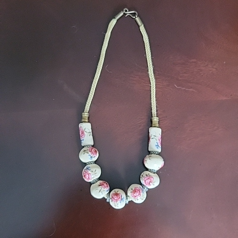 Vintage 60s English Floral Handmade Ceramic Bead Necklace